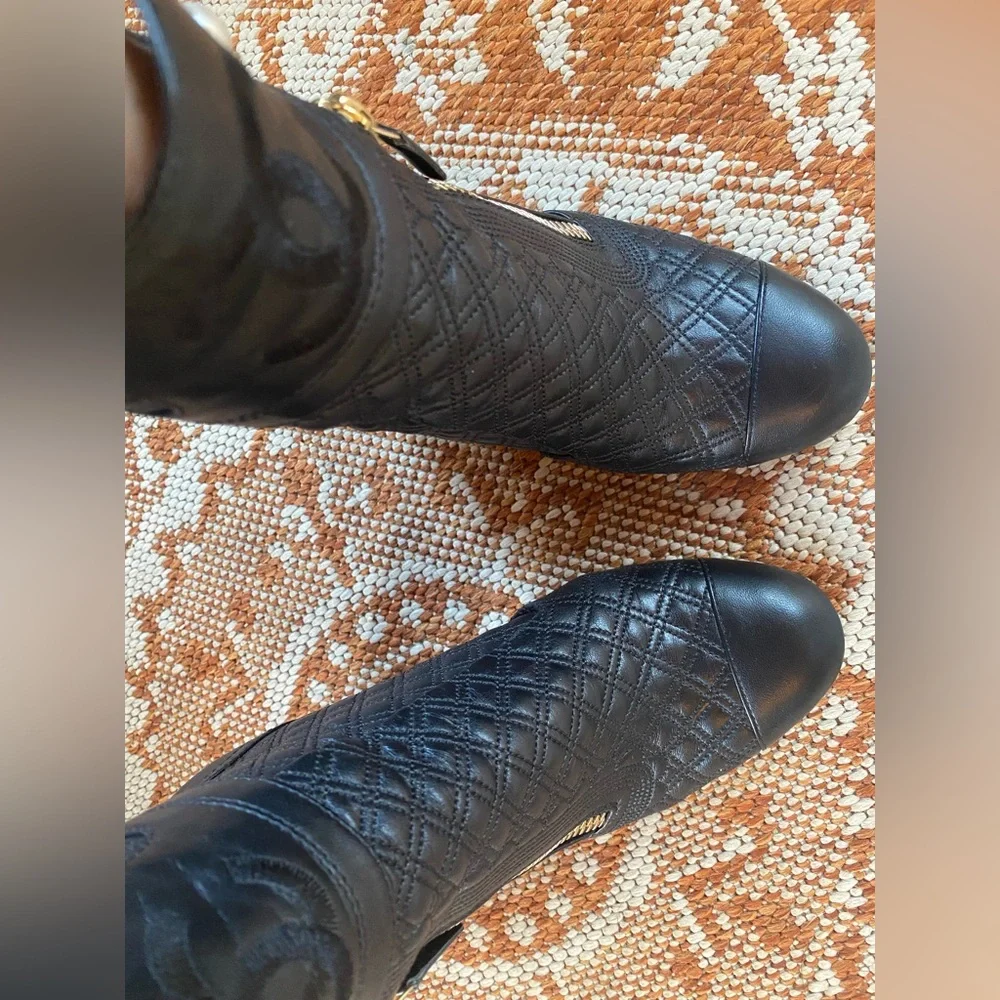 CHANEL Black Quilted Heeled Ankle Boots with Pearl accents